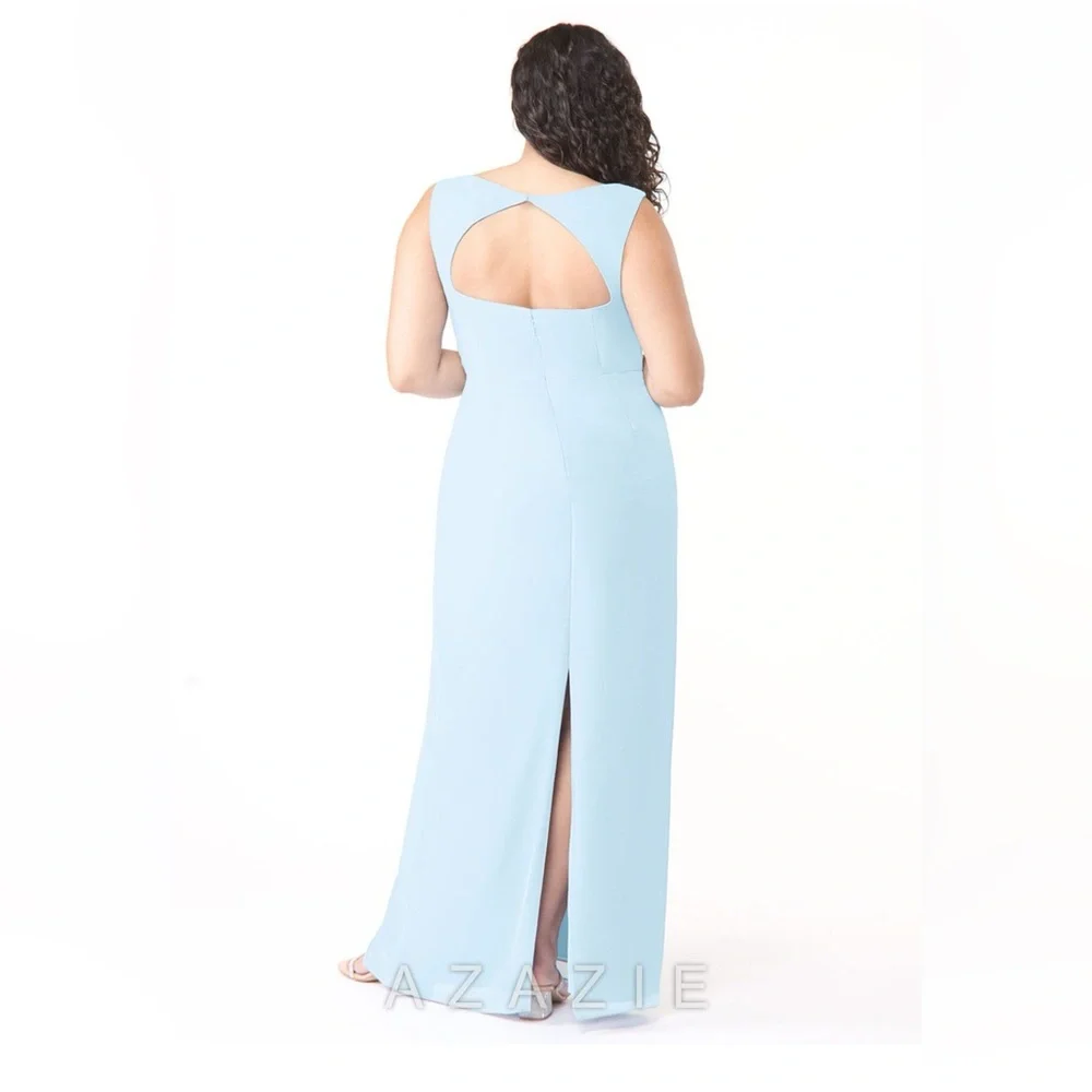 Sky Blue Sheath Square Neck Chiffon Dress - Picture 3 of 9